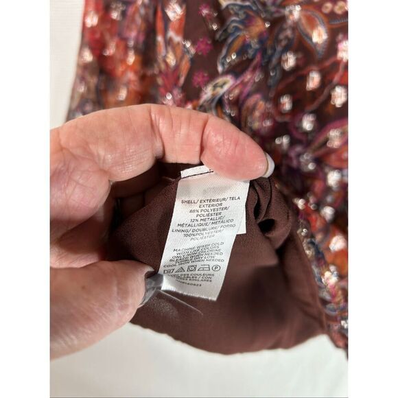 LOFT Metallic Floral Blouse Brown Red Sheer Boho Fall Top Long Sleeve Lined L - Picture 11 of 16